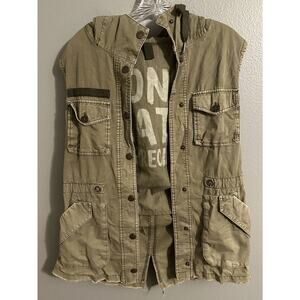 Garage Women’s Small Green Utility Vest Don’t Hate Appreciate Grunge Hooded EUC